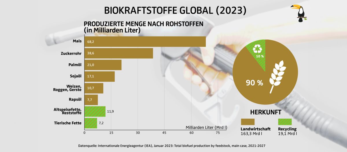 Grafik Produzierte Biokraftstoffmenge nach Rohstoffen und Anteil weltweit im Jahr 2023